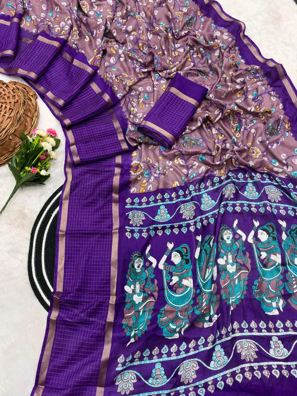 Purple_Cotton_Chex_Saree_With_Unstitched_Blouse_For_Women
