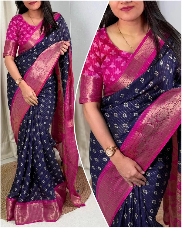 Navy_Blue_Dola_Silk_Saree_With_Unstitched_Blouse_For_Women