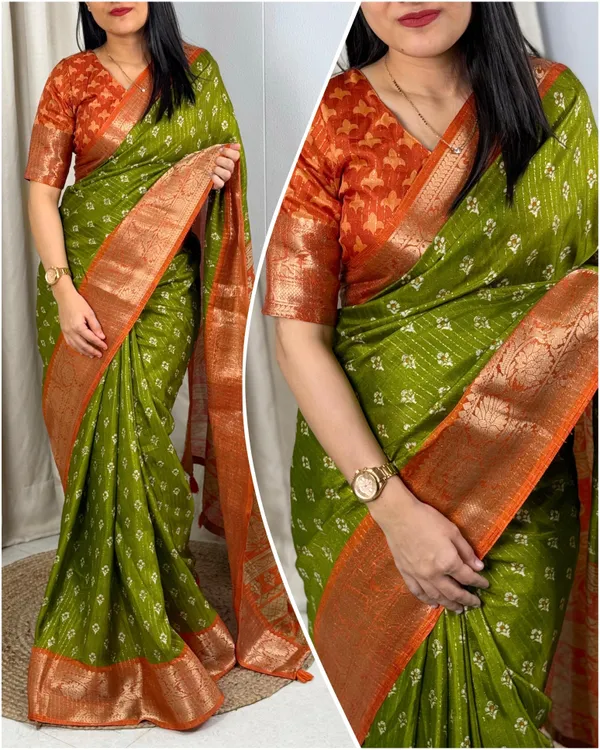 Green_Dola_Silk_Saree_With_Unstitched_Blouse_For_Women