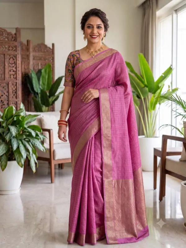 Pink_Cotton_Chex_Saree_With_Unstitched_Blouse_For_Women