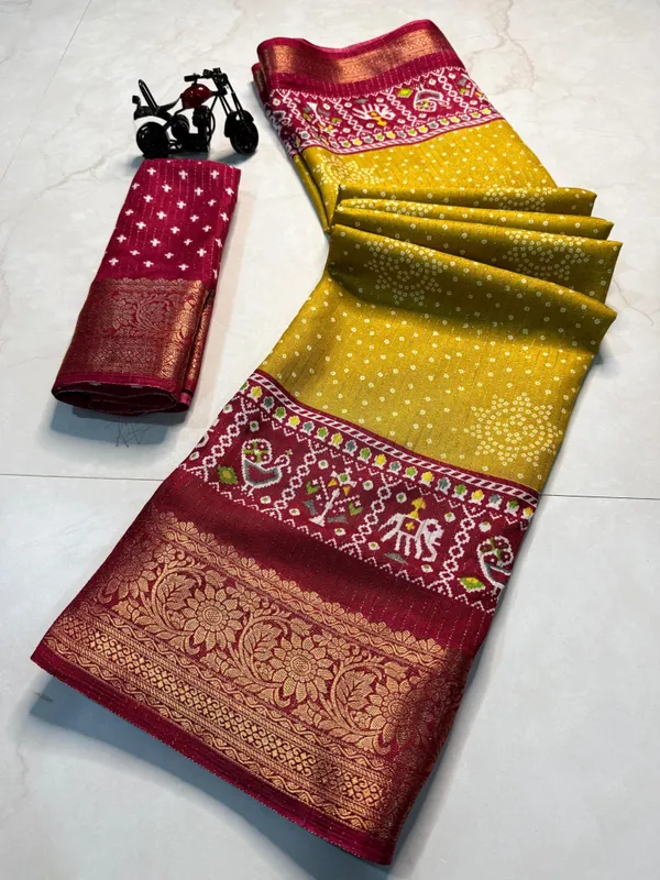 Mustard_Yellow_Dola_Silk_Saree_With_Unstitched_Blouse_For_Women