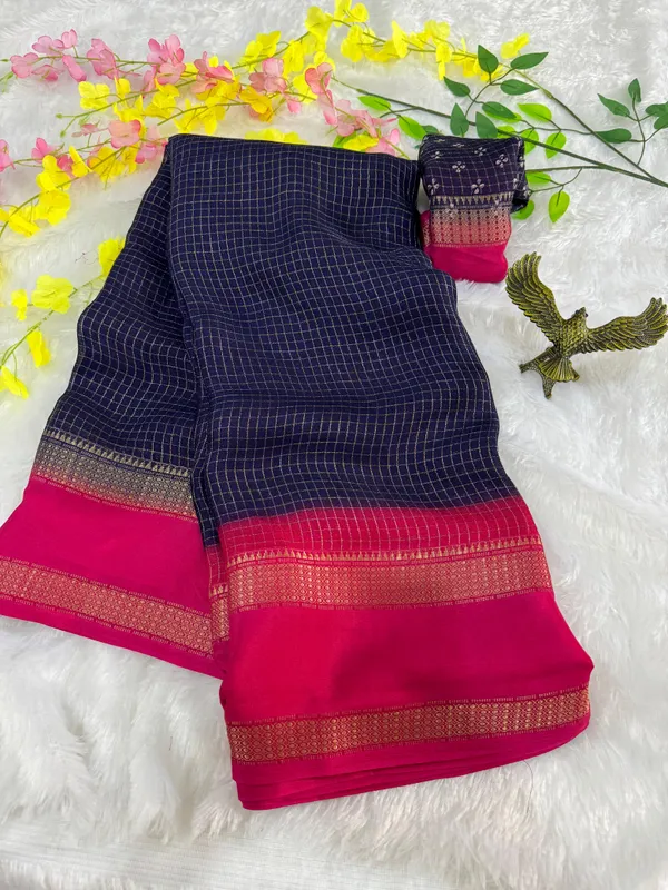 Navy_Blue_Cotton_Chex_Saree_With_Unstitched_Blouse_For_Women