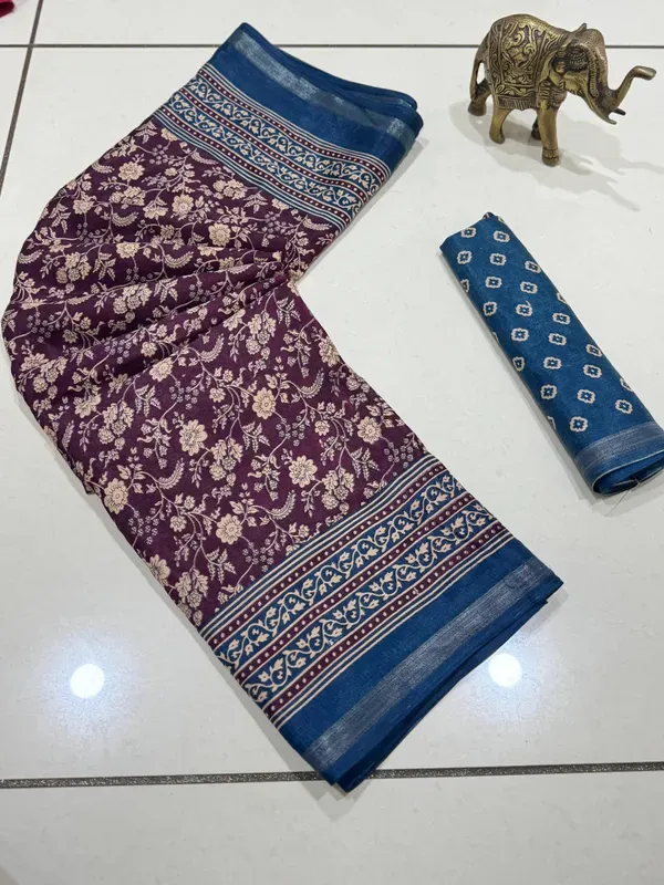 Purple_Malmal_Cotton_Saree_With_Unstitched_Blouse_For_Women