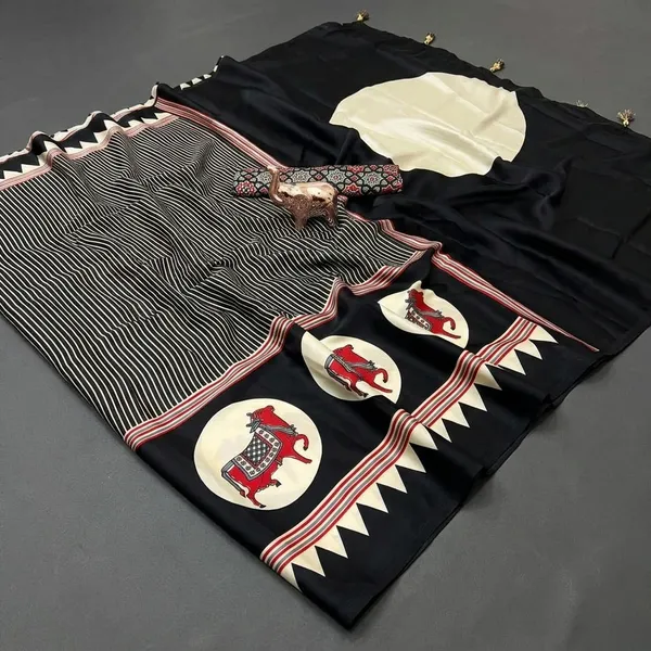 Black_Japan_Satin_Saree_With_Unstitched_Blouse_For_Women