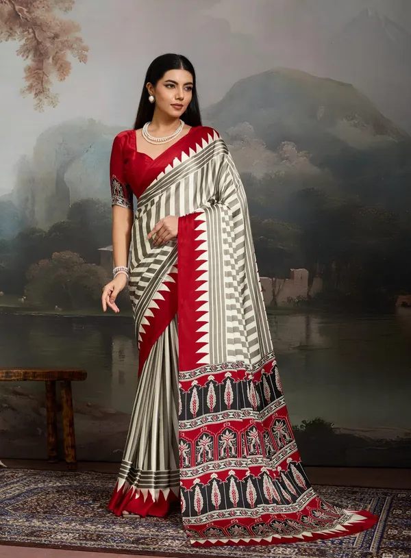 Cream_Red_Japan_Satin_Saree_With_Unstitched_Blouse_For_Women
