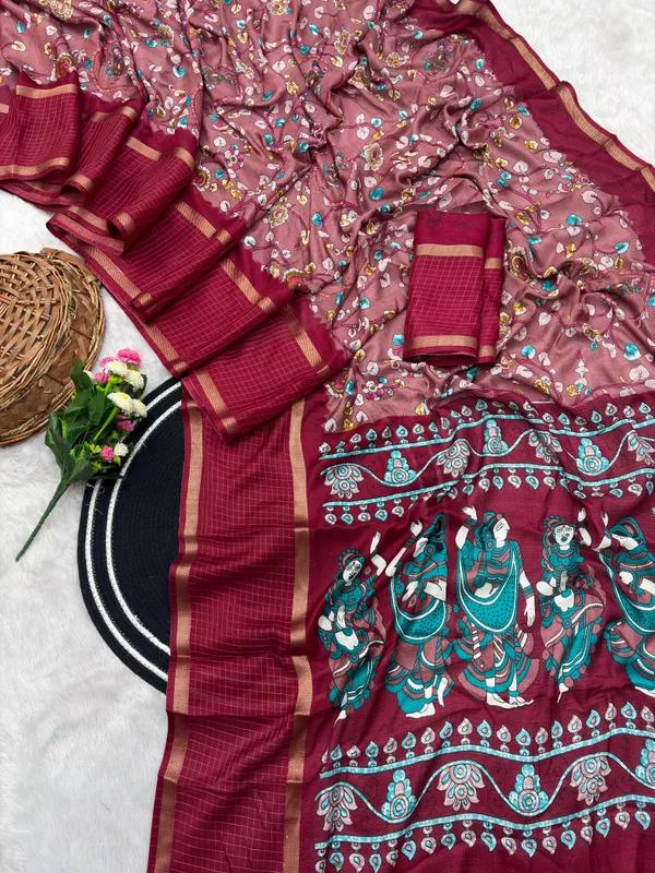 Pink_Cotton_Chex_Saree_With_Unstitched_Blouse_For_Women