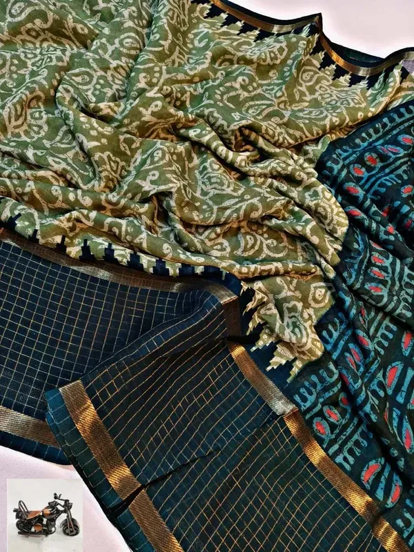 Pista_Green_Cotton_Chex_Saree_With_Unstitched_Blouse_For_Women