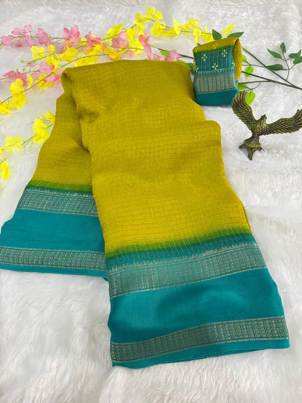 Yellow_Cotton_Chex_Saree_With_Unstitched_Blouse_For_Women