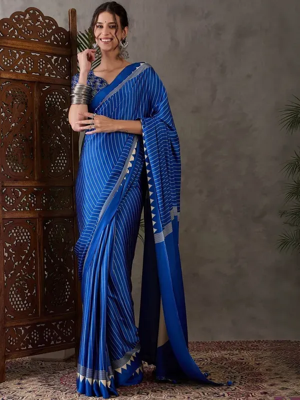 Royal_Blue_Japan_Satin_Saree_With_Unstitched_Blouse_For_Women