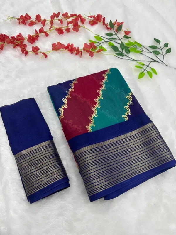 Navy_Blue_Georgette_Foil_Saree_With_Unstitched_Blouse_For_Women