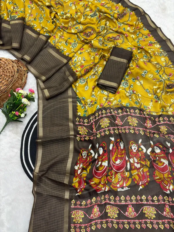 Yellow_Cotton_Chex_Saree_With_Unstitched_Blouse_For_Women