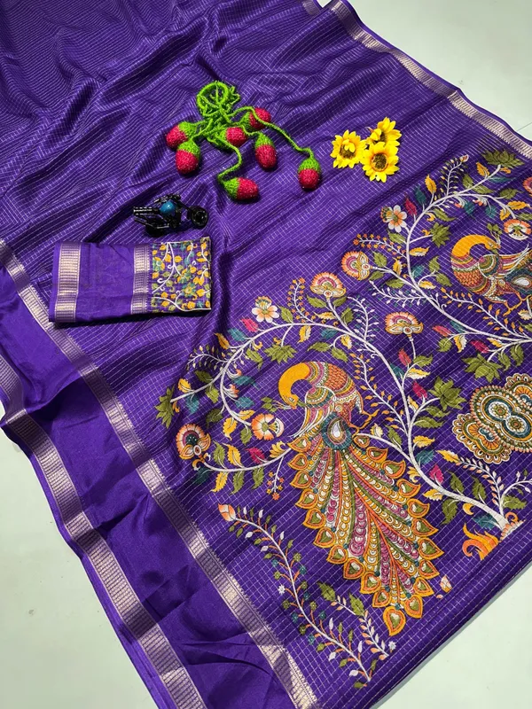 Purple_Cotton_Chex_Saree_With_Unstitched_Blouse_For_Women