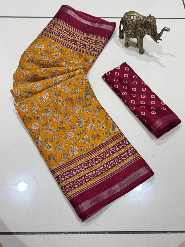 Mustard_Yellow_Malmal_Cotton_Saree_With_Unstitched_Blouse_For_Women