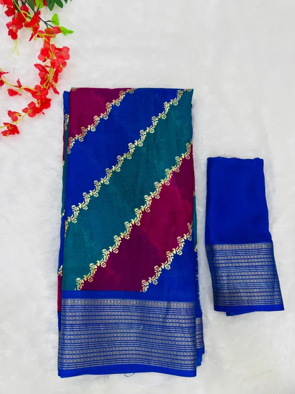 Royal_Blue_Georgette_Foil_Saree_With_Unstitched_Blouse_For_Women
