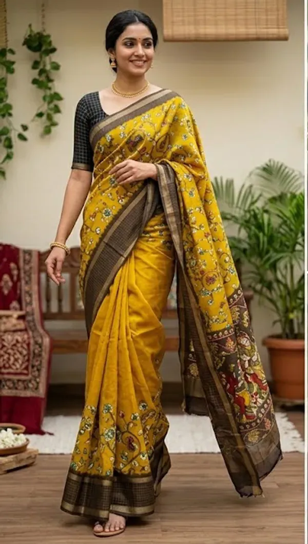 Yellow_Cotton_Chex_Saree_With_Unstitched_Blouse_For_Women