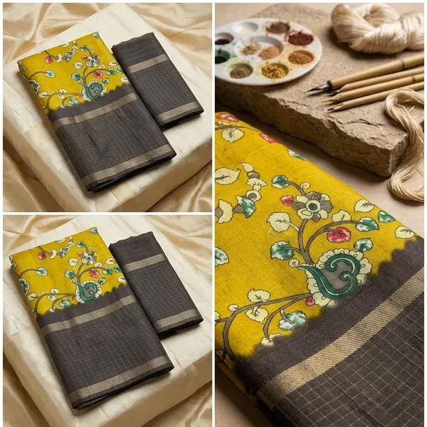 Yellow_Cotton_Chex_Saree_With_Unstitched_Blouse_For_Women