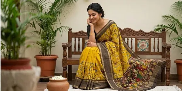 Yellow_Cotton_Chex_Saree_With_Unstitched_Blouse_For_Women
