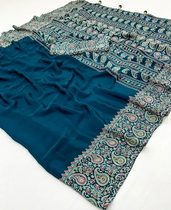 Navy_Blue_Japan_Satin_Saree_With_Unstitched_Blouse_For_Women