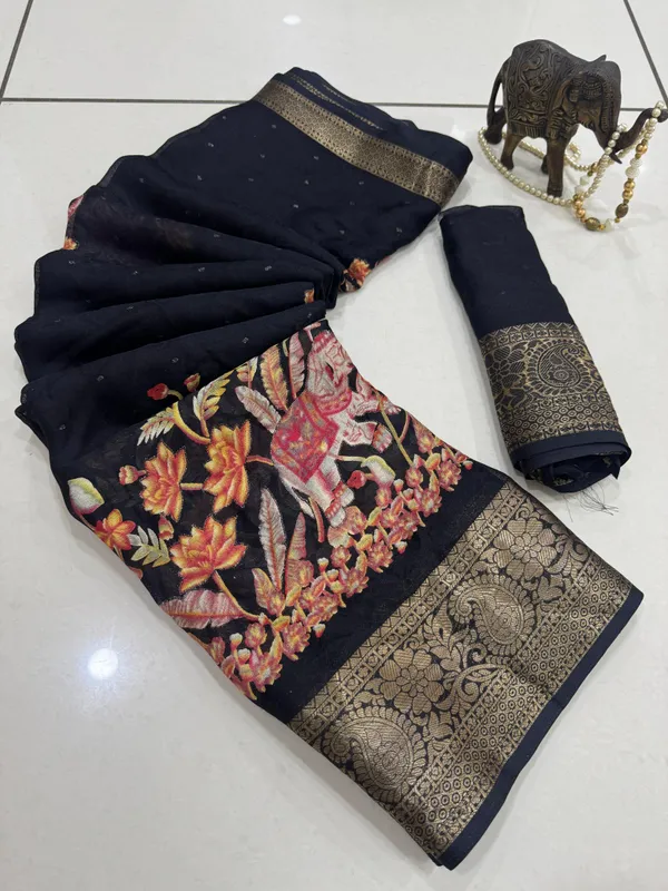 Black_Georgette_Foil_Saree_With_Unstitched_Blouse_For_Women