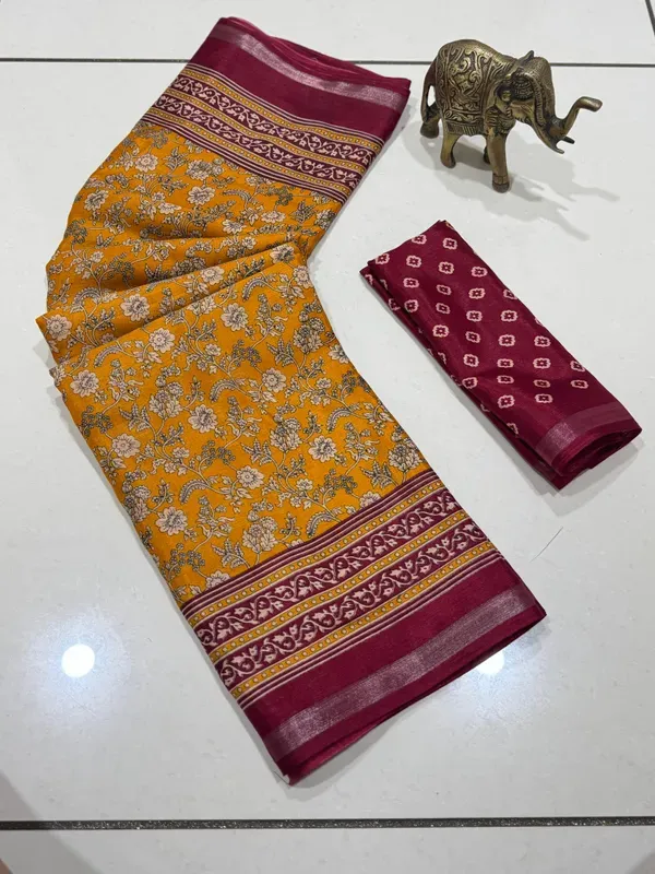 Mustard_Yellow_Malmal_Cotton_Saree_With_Unstitched_Blouse_For_Women