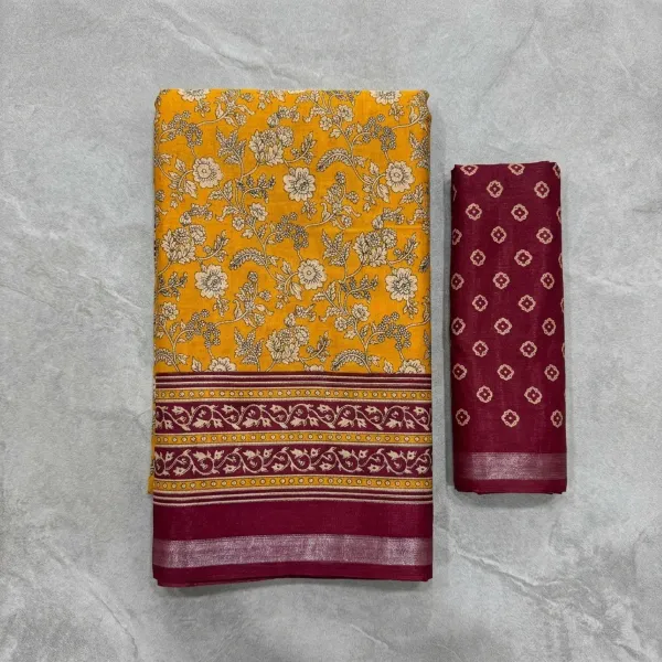 Mustard_Yellow_Malmal_Cotton_Saree_With_Unstitched_Blouse_For_Women