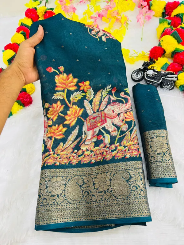 Teal_Blue_Georgette_Foil_Saree_With_Unstitched_Blouse_For_Women