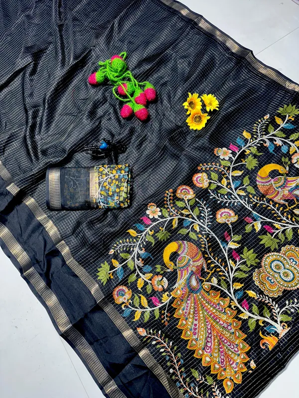 Black_Cotton_Chex_Saree_With_Unstitched_Blouse_For_Women