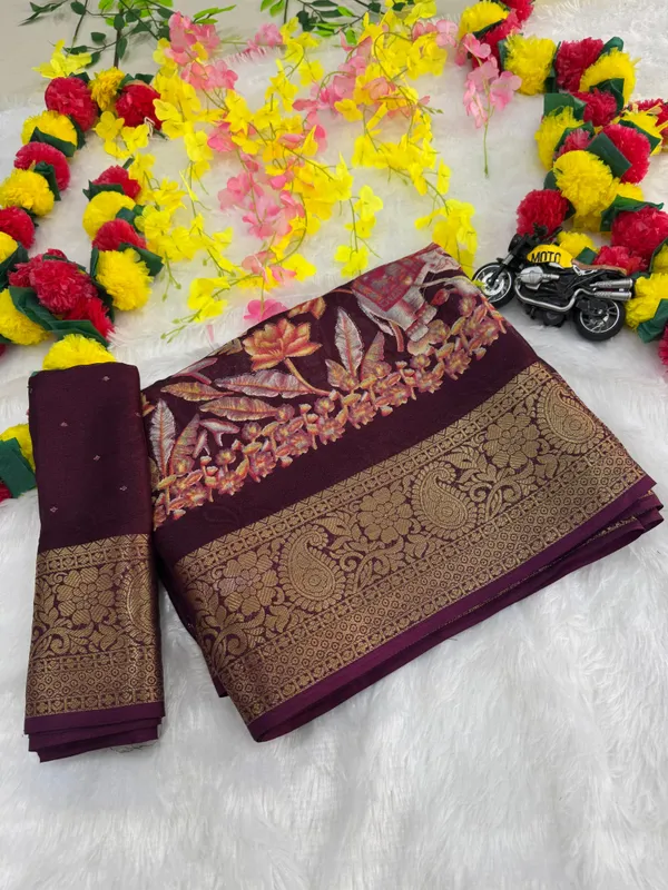 Wine_Georgette_Foil_Saree_With_Unstitched_Blouse_For_Women