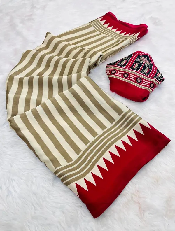 Cream_Red_Japan_Satin_Saree_With_Unstitched_Blouse_For_Women