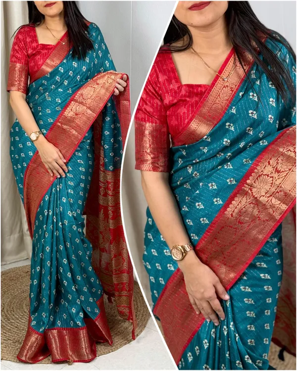 Teal_Blue_Dola_Silk_Saree_With_Unstitched_Blouse_For_Women