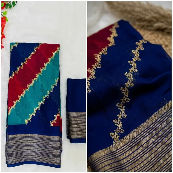 Navy_Blue_Georgette_Foil_Saree_With_Unstitched_Blouse_For_Women