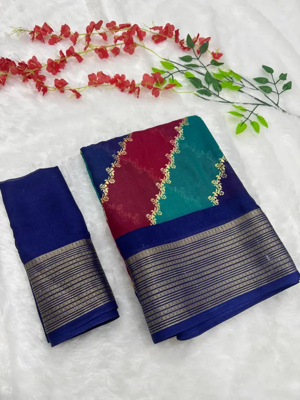Navy_Blue_Georgette_Foil_Saree_With_Unstitched_Blouse_For_Women