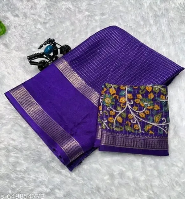 Purple_Cotton_Chex_Saree_With_Unstitched_Blouse_For_Women