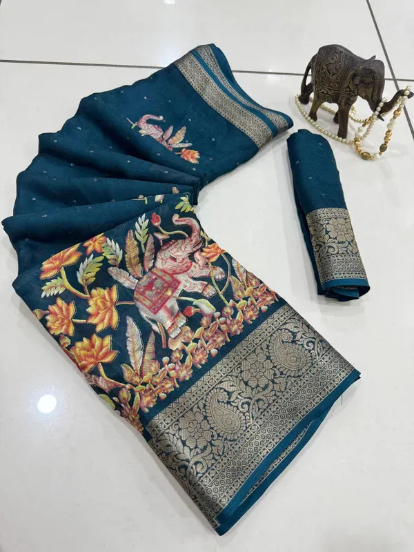 Teal_Blue_Georgette_Foil_Saree_With_Unstitched_Blouse_For_Women