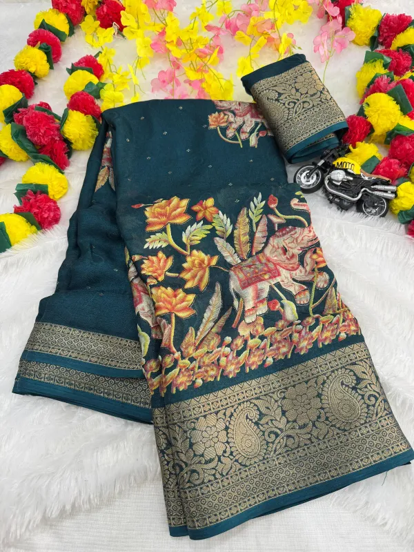 Teal_Blue_Georgette_Foil_Saree_With_Unstitched_Blouse_For_Women