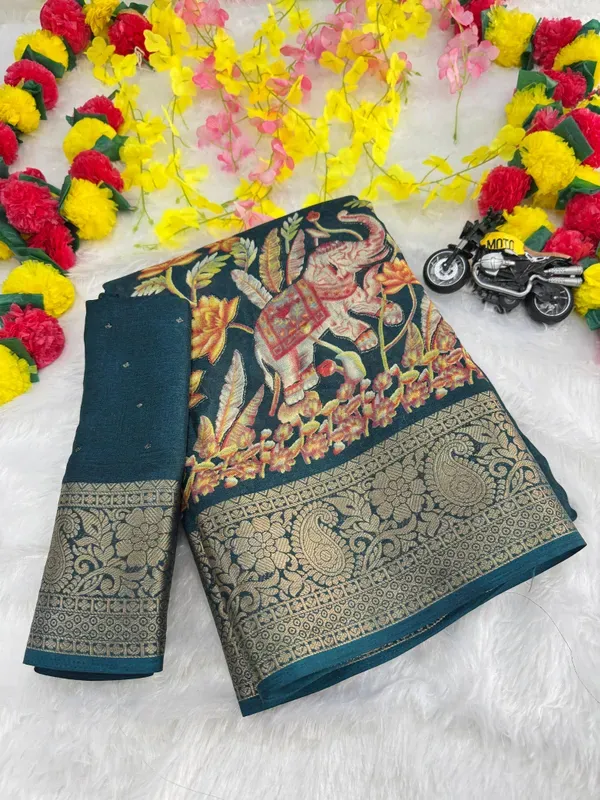 Teal_Blue_Georgette_Foil_Saree_With_Unstitched_Blouse_For_Women
