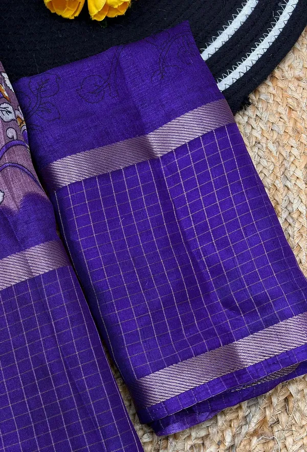Purple_Cotton_Chex_Saree_With_Unstitched_Blouse_For_Women