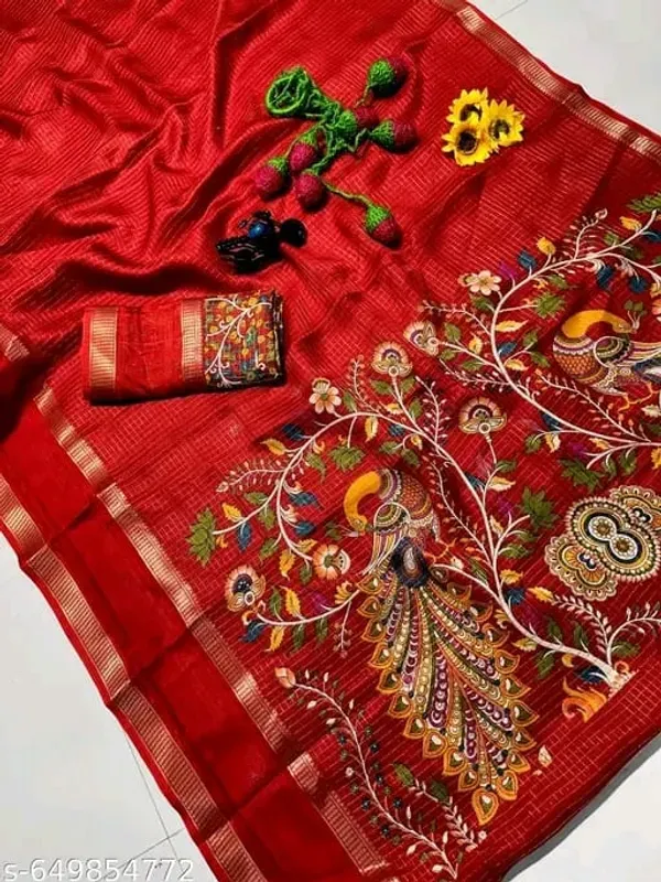Red_Cotton_Chex_Saree_With_Unstitched_Blouse_For_Women