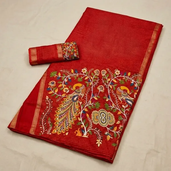 Red_Cotton_Chex_Saree_With_Unstitched_Blouse_For_Women