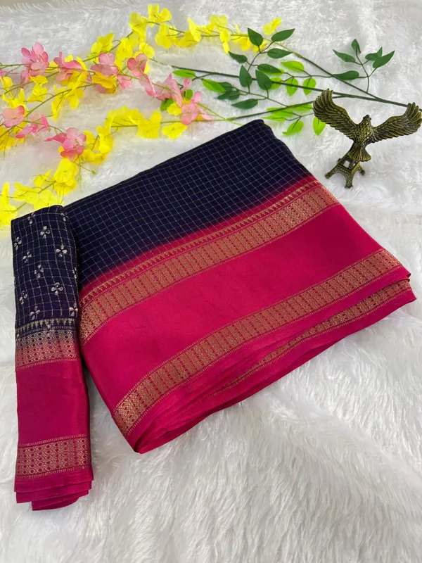 Navy_Blue_Cotton_Chex_Saree_With_Unstitched_Blouse_For_Women