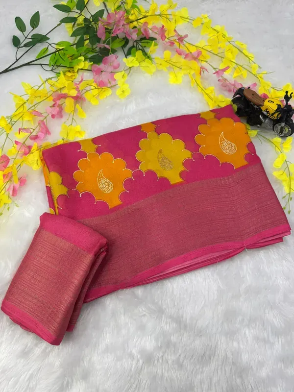 Orange_Yellow_Georgette_Foil_Saree_With_Unstitched_Blouse_For_Women