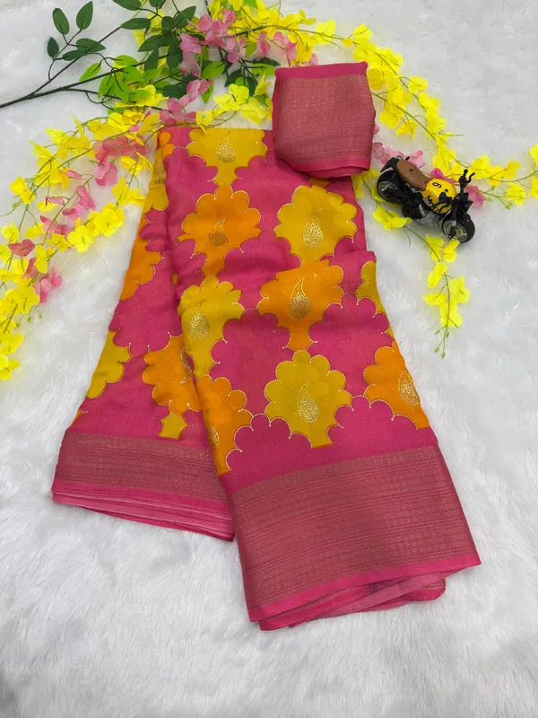 Orange_Yellow_Georgette_Foil_Saree_With_Unstitched_Blouse_For_Women