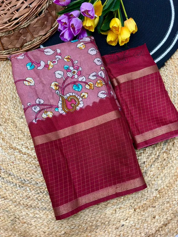 Pink_Cotton_Chex_Saree_With_Unstitched_Blouse_For_Women
