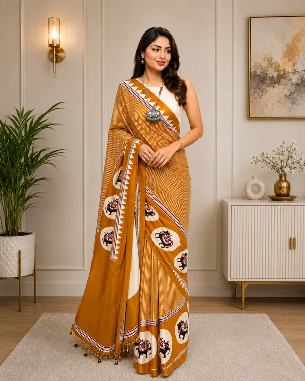 Mustard_Yellow_Japan_Satin_Saree_With_Unstitched_Blouse_For_Women