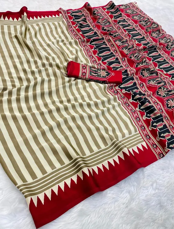 Cream_Red_Japan_Satin_Saree_With_Unstitched_Blouse_For_Women