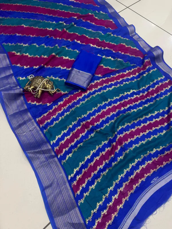 Royal_Blue_Georgette_Foil_Saree_With_Unstitched_Blouse_For_Women