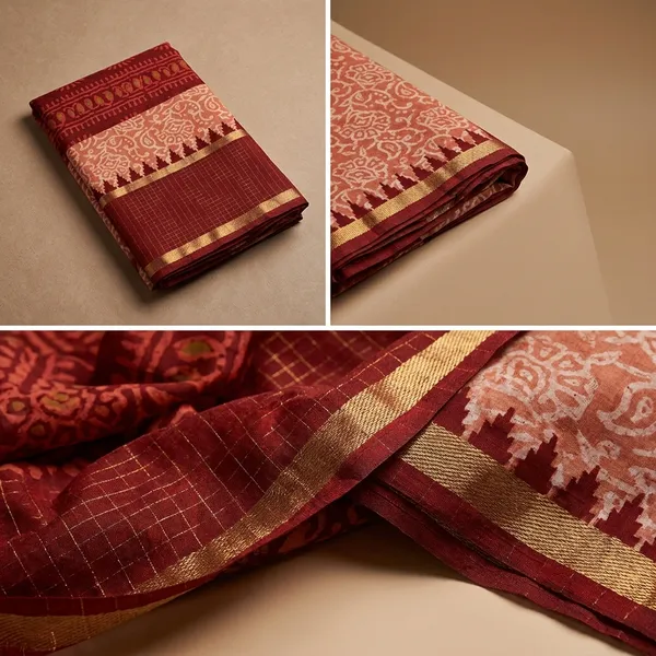 Peach_Cotton_Chex_Saree_With_Unstitched_Blouse_For_Women