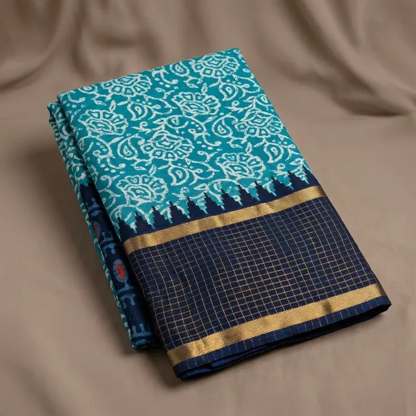 Sky_Blue_Cotton_Chex_Saree_With_Unstitched_Blouse_For_Women