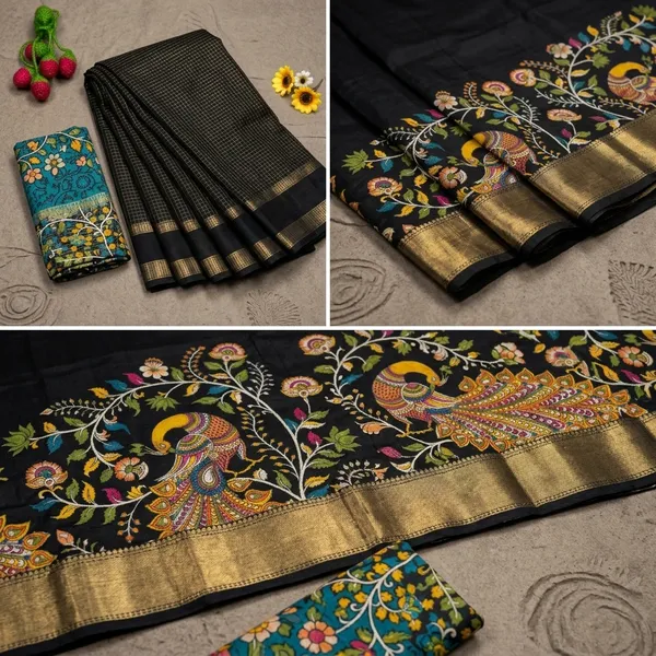 Black_Cotton_Chex_Saree_With_Unstitched_Blouse_For_Women