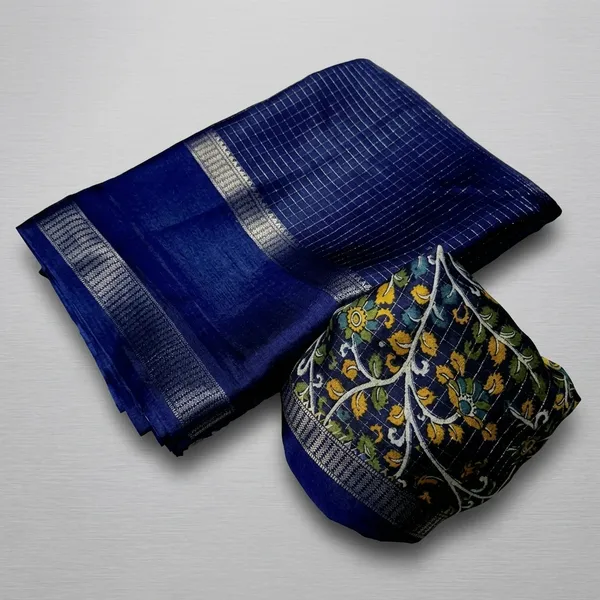 Navy_Blue_Cotton_Chex_Saree_With_Unstitched_Blouse_For_Women